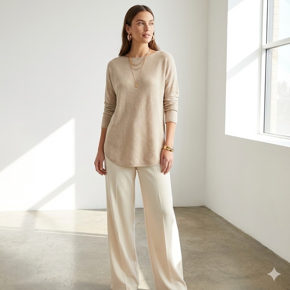 Michael Kors tan long crew neck cotton sweater - Small